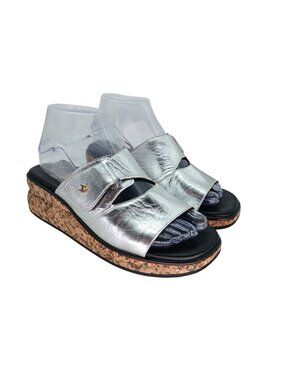 HHC Hans Herrmann Collection Womens Silver Platform Slip-On Sandals With Cork We